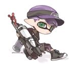  1boy closed_mouth commission cross-laced_footwear green_eyes grey_footwear grey_shorts gun holding holding_gun holding_weapon ink_tank_(splatoon) inkling_boy inkling_player_character leggings_under_shorts pointy_ears print_headwear purple_hair shadow shoes short_hair shorts simple_background sitting solo spl8ya splatoon_(series) splatoon_2 splattershot_pro_(splatoon) tentacle_hair visor_cap weapon white_background 