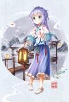  1girl absurdres alternate_costume blue_eyes blue_hair blush bridge chinese_clothes closed_mouth flower full_body gochuumon_wa_usagi_desu_ka? hair_ornament hanfu highres kafuu_chino lantern long_hair long_sleeves paper_lantern shoes smile snow solo stick_jitb tippy_(gochiusa) white_flower white_footwear wooden_bridge x_hair_ornament 