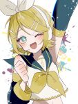  +_+ 1girl aqua_eyes arm_up armpit_peek bare_shoulders black_sailor_collar black_sleeves blonde_hair bow clenched_hand crop_top detached_sleeves hair_bow hand_up headphones kagamine_rin light_blush looking_to_the_side maca1227 navel neckerchief one_eye_closed open_mouth paint_splatter sailor_collar shirt short_hair sidelocks simple_background sleeveless sleeveless_shirt smile solo star_(symbol) swept_bangs symbol-shaped_pupils vocaloid white_background white_bow white_headphones white_shirt yellow_neckerchief 