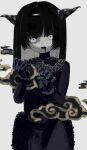  1girl black_dress black_gloves black_hair cloud collared_dress colored_skin cowboy_shot dress drooling gloves grey_background grey_eyes grey_skin highres horns hougetsu_(moon_neetcat) liquid long_hair long_sleeves looking_at_viewer mouth_drool open_mouth original solo standing 