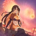 1girl absurdres ai-generated artist_request blush brown_hair earrings fireworks happy_new_year highres jewelry midriff monero-chan multicolored_hair navel new_year open_mouth orange_hair original outdoors power_lines solo thighhighs two-tone_hair utility_pole 