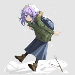  1girl backpack bag blue_eyes blue_skirt boots brown_footwear buttons closed_mouth full_body green_jacket hair_between_eyes hat highres jacket keiki8296 letty_whiterock light_purple_hair long_sleeves short_hair skirt smile snow solo touhou white_headwear 