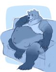 2022 absurd_res anthro bear belly big_belly bottomwear brown_bear claws clothing furniture happy hi_res hyper hyper_pregnancy male mammal on_sofa paws pregnant pregnant_male randomgirl1265 relaxing shirt shorts simple_background sitting sofa solo tank_top topwear unborn_kicking ursine