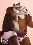  2022 anthro belly belly_rub brown_body bulge butt canid canine clothing duo embrace hi_res hug humanoid_hands male male/male mammal mustelid otter overweight overweight_male rubbing rudderbutts skrawl underwear 