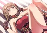  1girl bare_shoulders blush breasts brown_eyes brown_hair choker cleavage clenched_hand dress fishnet_gloves fishnets flower from_above gloves hair_flower hair_ornament hands_up idolmaster idolmaster_cinderella_girls idolmaster_cinderella_girls_starlight_stage jewelry knees_up lace-trimmed_choker lace-trimmed_dress lace_trim large_breasts looking_at_viewer lying mimura_kanako necklace on_back parted_lips plump red_brooch red_choker red_dress red_flower red_rose rose short_hair simple_background smile solo strapless strapless_dress striped_background wm_(chawoo1357) 