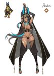  1girl absurdres animal_ears anubis_(palworld) arms_up ass_visible_through_thighs blue_eyes blue_hair breast_curtains bridal_gauntlets character_name dark-skinned_female dark_skin full_body hair_between_eyes highres humanization jackal_ears looking_at_viewer navel palworld reiko_lape simple_background smile solo white_background 