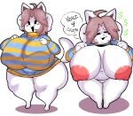 anthro areola big_breasts black_eyes breasts clothed clothing english_text felid feline female grey_hair hair hi_res huge_breasts huge_thighs lewd_dorky looking_at_viewer mammal nipples open_mouth pink_areola pink_nipples raised_clothing raised_sweater raised_topwear solo speech_bubble sweater tem temmie_(undertale) text thick_thighs topwear undertale undertale_(series) white_body