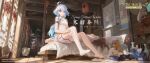  2girls barefoot bed blue_eyes blue_hair boo_tao_(genshin_impact) brown_hair china_dress chinese_clothes chinese_text dress feet furina_(genshin_impact) genshin_impact guoba_(genshin_impact) hair_between_eyes hat heterochromia highres hu_tao_(genshin_impact) long_hair looking_at_viewer multicolored_hair multiple_girls pillow shorts single_thighhigh streaked_hair thighhighs toes wboss white_hair white_shorts 