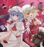  2girls ascot bat_wings birdcage blonde_hair blue_brooch blue_hair blurry blush brooch cage card closed_mouth commentary crystal depth_of_field english_commentary flandre_scarlet hat hat_ribbon hidukihumi highres jewelry lantern looking_at_viewer medium_hair mob_cap multicolored_wings multiple_girls one_eye_closed one_side_up open_mouth playing_card pointy_ears puffy_short_sleeves puffy_sleeves red_ascot red_eyes red_skirt red_vest remilia_scarlet ribbon short_sleeves siblings side_ponytail sisters skirt skirt_set smile stuffed_animal stuffed_toy teddy_bear touhou vest white_headwear wings wrist_cuffs yellow_ascot 