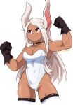  1girl absurdres animal_ears ass_visible_through_thighs bare_shoulders black_gloves blush boku_no_hero_academia breasts clenched_hands closed_mouth collarbone covered_navel cropped_legs dark-skinned_female dark_skin dashi english_commentary gloves grey_hair groin hands_up highleg highleg_leotard highres leotard long_hair looking_to_the_side mirko muscular muscular_female patreon_username playboy_bunny rabbit_ears red_eyes simple_background skindentation smirk solo strapless strapless_leotard thighhighs thighs very_long_hair watermark web_address white_background 