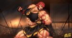  abs black_bra black_gloves bra chain clenched_hand fighting_stance gloves gold_chain gold_necklace highres jewelry marisa_(street_fighter) muscular muscular_female necklace partially_fingerless_gloves red_hair short_hair sports_bra spunkyramaz street_fighter street_fighter_6 underwear 