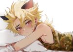 1boy absurdres animal_ears armpits bandages black_choker black_ears blonde_hair blush camouflage camouflage_shirt cat_boy cat_ears choker commission earrings ferea_bimi highres hugging_object indie_virtual_youtuber jewelry kainen looking_at_viewer lying male_focus on_stomach otoko_no_ko pillow pillow_hug red_eyes shirt skeb_commission solo tank_top virtual_youtuber 