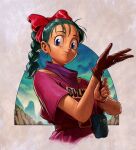  1girl adjusting_clothes adjusting_gloves belt blue_eyes bow braid bulma cropped_torso dave_rapoza dragon_ball dragon_ball_(classic) dress gloves green_hair hair_bow highres mountain neckerchief pink_dress pouch purple_neckerchief signature single_braid single_glove solo upper_body 