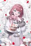  1girl :d alternate_costume asahina_akane_(2nd_costume)_(nijisanji) asahina_akane_(nijisanji) bag blue_eyes blush bottle box cake coat confetti copyright_name earrings food fruit fur-trimmed_coat fur_trim gift gift_box handbag holding holding_plate icing jewelry karohroka lipstick looking_at_viewer makeup mirror nail_polish nijisanji official_alternate_costume official_art perfume_bottle pink_bag pink_scarf plate red_hair sample_watermark scarf single_earring smile snowflakes solo strawberry striped_clothes striped_scarf teeth tongue virtual_youtuber watermark white_coat 