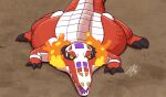  breathing_fire crocodilian fire flat_fuck_friday_(meme) lying meme no_humans on_stomach photo_background pokemon red_scales sharp_teeth skeledirge tc-96 teeth white_scales yellow_eyes 