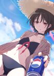  1girl bikini black_bikini black_hair blue_archive blue_sky breasts can cloud cowboy_shot day drink_can dutch_angle hat highres holding holding_can misaki_(blue_archive) misaki_(swimsuit)_(blue_archive) navel official_alternate_costume outdoors pepsi shibuya_susano short_hair sky small_breasts soda_can solo straw_hat sun_hat swimsuit variant_set 