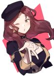  1girl black_choker black_headwear blush breasts brown_hair buttons cabbie_hat choker cropped_torso do_m_kaeru dorothea_arnault earrings fire_emblem fire_emblem:_three_houses floating_hair green_eyes hat jewelry large_breasts long_hair long_sleeves looking_at_viewer one_eye_closed solo w 