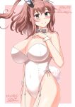  1girl absurdres animal_ears blue_eyes blush bnd_(bond0071108) border breasts brown_hair character_name cowboy_shot dated detached_collar fake_animal_ears fake_tail garter_straps grey_eyes hair_between_eyes hand_on_own_chest highres kantai_collection large_breasts leotard long_hair looking_at_viewer pink_background ponytail saratoga_(kancolle) side_ponytail sidelocks smokestack_hair_ornament solo tail thighhighs white_border white_leotard 