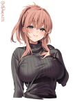  1girl bangs black_sweater blush breasts brown_hair closed_mouth cropped_torso ebifurya hair_between_eyes hand_on_own_chest highres kantai_collection large_breasts long_hair long_sleeves looking_at_viewer one-hour_drawing_challenge ribbed_sweater saratoga_(kancolle) simple_background sleeves_past_wrists smile solo sweater turtleneck turtleneck_sweater twitter_username upper_body white_background 