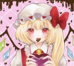  1girl argyle argyle_background ascot blonde_hair blush bow chocolate crystal eating flandre_scarlet frilled_shirt_collar frills gift hat hat_bow holding holding_gift light_smile long_hair mob_cap pink_background portrait red_bow red_eyes red_vest shirt solo touhou traditional_media valentine vest white_headwear white_shirt wings yellow_ascot yuuki_hana_(jtnp5334) 