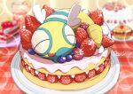  blurry blurry_background cake cake_slice cherry closed_eyes commentary_request cupcake dunsparce food fruit glass licking_lips lying no_humans oooise pokemon pokemon_(creature) signature solo sparkle strawberry tablecloth tongue tongue_out 