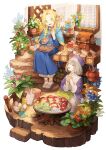  2girls ^_^ absurdres backpack bag baiguiyu belt_pouch blonde_hair blue_capelet blue_flower blue_robe bob_cut book bookshelf bowl braid campfire capelet choker closed_eyes cooking_pot cup curtains dungeon_meshi egg elf flower food french_braid green_eyes grey_hair hands_up herb highres holding holding_bowl holding_food hood hood_down hooded_capelet hotpot jacket jar long_hair long_sleeves marcille_donato multiple_braids multiple_girls mushroom open_book orange_flower pants parted_bangs pink_flower plant pointy_ears potted_plant pouch purple_headwear purple_jacket railing robe rolling_pin sandals side_braid sitting smile soup stairs tray unworn_backpack unworn_bag vegetable white_background white_flower white_pants white_robe window 