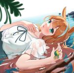  1girl alternate_costume animal_ears aqua_eyes blush breasts commentary_request cw_ien green_skirt hair_ornament hairband hand_on_own_chest highres horse_ears horse_girl long_hair looking_at_viewer on_ground orange_hair outdoors partially_submerged shirt short_sleeves silence_suzuka_(umamusume) skirt small_breasts solo umamusume upper_body water wet white_hairband white_shirt 