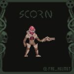  alien alien_humanoid black_background brown_body digital_media_(artwork) english_text fae_helmet_(artist) gigeresque_(genre) gun hi_res humanoid male pixel_(artwork) protagonist_(scorn) ranged_weapon scorn_(game) signature simple_background solo standing text weapon 