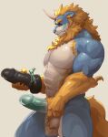  2022 anthro armpit_hair balls beard biceps blue_body blue_penis body_hair curtis_wuedti ear_piercing erection facial_hair feet fur genitals gift hi_res horn humanoid_genitalia humanoid_penis looking_at_dildo looking_at_object looking_at_sex_toy male mammal muscular muscular_anthro muscular_male nude pecs penis perineum piercing sex_toy simple_background solo tail white_background yellow_body yellow_fur 