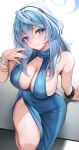  1girl absurdres ako_(blue_archive) ako_(dress)_(blue_archive) bare_shoulders black_hairband blue_archive blue_dress blue_eyes blue_hair blue_halo bracelet breasts cleavage closed_mouth dress hair_between_eyes hairband halo hand_up highres jewelry large_breasts looking_at_viewer medium_hair nano_(syoutamho) purple_nails simple_background smile solo thighs white_background 