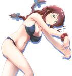  1girl bikini black_bikini braid breasts brown_hair cleavage commentary_request feet_out_of_frame green_eyes highres kantai_collection large_breasts long_hair looking_at_viewer lying noshiro_(kancolle) on_side red_scrunchie scrunchie solo swimsuit tsukasa_(tukasa_br) twin_braids wrist_scrunchie 