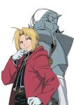  2boys alphonse_elric apron armor blonde_hair braid brothers coat commentary_request edward_elric full_armor fullmetal_alchemist gloves helmet highres hood hooded_coat kanzaki_hiro male_focus multiple_boys red_coat siblings single_braid smile waist_apron white_gloves yellow_eyes 