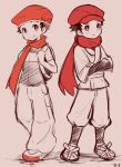  2boys asu_(as_dayo) beanie black_hair crossed_arms floating_scarf hat highres jacket lucas_(pokemon) male_focus multiple_boys pants pokemon pokemon_dppt pokemon_legends:_arceus red_headwear red_scarf rei_(pokemon) scarf shirt short_hair shorts simple_background smile 