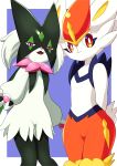  absurd_res ambiguous_gender anthro blue_background border cinderace duo fur generation_8_pokemon generation_9_pokemon green_body green_fur hands_behind_back hi_res looking_at_viewer mano040232 meowscarada nintendo pokemon pokemon_(species) purple_eyes red_body red_eyes red_fur simple_background smile white_body white_border white_fur 