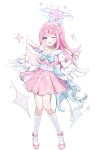  1girl absurdres alternate_costume angel_wings blue_archive blush breasts cleavage collarbone dress feathered_wings full_body hair_ornament hairclip halo highres large_breasts long_hair mika_(blue_archive) nez_(nez_0_0) one_eye_closed open_mouth pink_dress pink_footwear pink_hair pink_halo shoes short_sleeves simple_background smile socks solo white_background white_socks white_wings wings yellow_eyes 
