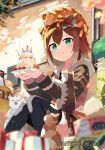  1girl :3 animal_ear_fluff animal_ears animal_on_head black_shirt black_thighhighs blush box brown_hair brown_skirt cake candle cat cat_ears cat_on_head copyright_name day fish_hair_ornament food fruit fumino_tamaki fumino_tamaki_(1st_costume) gift gift_box green_eyes hair_ornament holding holding_plate hood hood_down hoodie leaf looking_at_viewer miniskirt namo_(goodbyetears) nijisanji official_art on_head outdoors pet_food plate shirt short_hair sitting skirt spoon strawberry striped_clothes striped_hoodie thighhighs virtual_youtuber 