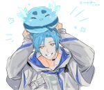  +_+ 1boy absurdres altventurer_(regis_altare) blue_hair creature_on_head dated english_commentary green_eyes happy highres holostars holostars_english light_blue_hair male_focus mouthpiece regis_altare rm-parfait short_hair sketch slime_(creature) smile solo_focus twitter_username upper_body virtual_youtuber white_background 
