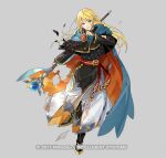  1boy androgynous belt_buckle black_capelet black_footwear black_robe blonde_hair blue_bridal_gauntlets blue_cape blue_eyes boots bridal_gauntlets buckle cape capelet clenched_hand copyright_notice dirty dirty_clothes feather_trim fire_emblem fire_emblem_heroes full_body furrowed_brow grey_background hand_up holding holding_staff long_hair long_sleeves looking_at_viewer lucius_(fire_emblem) male_focus official_art orange_cape parted_lips red_sash robe sash simple_background solo staff standing standing_on_one_leg sweatdrop swept_bangs tobi_(kotetsu) torn_clothes two-sided_cape two-sided_fabric white_robe 