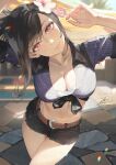  1girl arms_up belt belt_buckle black_hair blurry blurry_background breasts buckle chromatic_aberration cleavage crop_top denim denim_shorts fadingz final_fantasy final_fantasy_vii final_fantasy_vii_rebirth final_fantasy_vii_remake flower front-tie_top hair_flower hair_ornament head_tilt highres large_breasts official_alternate_costume official_alternate_hairstyle red_eyes short_shorts shorts smile solo sunlight thong tifa_lockhart 