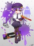  1girl blush breasts closed_mouth commentary commission eyelashes full_body gloves gradient_background grey_background gun highres holding holding_gun holding_weapon inkling_girl inkling_player_character large_breasts long_hair n-zap_(splatoon) necktie paint_splatter pantyhose pleated_skirt pointy_ears puchiman purple_footwear purple_gloves purple_hair purple_headwear purple_necktie purple_skirt purple_theme red_eyes shirt simple_background skirt solo splatoon_(series) splatoon_3 standing tentacle_hair weapon white_shirt 