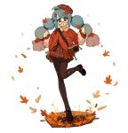  1girl :o ahoge autumn autumn_leaves beret black_footwear blue_eyes blue_hair bow camera capelet collared_shirt colored_tips falling_leaves full_body glasses grey_hair hair_ornament hairclip hands_up hat hatsune_miku leaf leaf_hair_ornament leaf_print loafers long_hair long_sleeves looking_at_viewer maple_leaf multi-tied_hair multicolored_hair plaid_headwear red-framed_eyewear red_bow red_capelet red_headwear red_skirt red_theme semi-rimless_eyewear shirt shoes sidelocks simple_background skirt solo standing standing_on_one_leg streaked_hair suuroku triangle twintails under-rim_eyewear vocaloid white_background white_shirt 