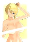  1girl arm_up bangs blonde_hair blue_eyes braid breasts closed_eyes closed_mouth commentary completely_nude darjeeling_(girls_und_panzer) girls_und_panzer half-closed_eye large_breasts light_censor looking_at_viewer medium_hair navel nude shita_(yagisauce_07) solo standing twin_braids tying_hair 