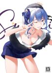  1girl bare_shoulders bent_over beret blue_eyes blue_hair blue_ribbon blue_skirt breasts chaunceley crown fur_trim hair_ornament hair_ribbon hat highres hololive hoshimachi_suisei long_hair looking_at_viewer mini_crown one_eye_closed open_mouth ribbon side_ponytail signature simple_background skirt small_breasts solo star_(symbol) star_hair_ornament star_ornament v virtual_youtuber white_background writing 