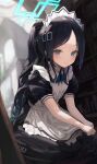  1girl absurdres apron aris_(blue_archive) aris_(maid)_(blue_archive) black_dress black_hair blue_archive blue_eyes blue_halo blurry blurry_background blush book bookshelf closed_mouth commentary_request dress ellaje halo highres indoors looking_at_viewer maid_apron maid_headdress official_alternate_costume official_alternate_hairstyle parted_bangs ponytail puffy_short_sleeves puffy_sleeves short_sleeves solo too_many too_many_books white_apron white_headdress 