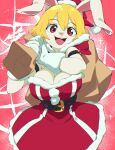  1girl aetherion bag bangs belt blonde_hair breasts carrot_(one_piece) christmas cleavage dress furry gloves hat highres holding holding_bag large_breasts looking_at_viewer one_piece open_mouth rabbit_girl red_eyes santa_dress santa_hat smile solo teeth upper_teeth_only white_gloves 