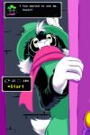 2:3 anthro bovid caprine clothing deltarune dialogue door eyewear fangs frist44 fur glasses goat hat headgear headwear hi_res male mammal ralsei scarf simple_background solo speech_bubble teeth undertale_(series) white_body white_fur witch_hat