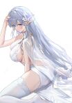  1girl absurdres albion_(azur_lane) albion_(scent_of_pring_in_the_red-pavilion)_(azur_lane) azur_lane backless_dress backless_outfit blue_eyes blue_hair breasts butterfly_hair_ornament china_dress chinese_clothes dress flower garter_straps hair_flower hair_ornament highres kuza_brs large_breasts long_hair long_pointy_ears looking_at_viewer official_alternate_costume pelvic_curtain pointy_ears see-through see-through_dress simple_background solo thighhighs very_long_hair white_background white_dress white_garter_straps white_thighhighs 