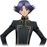  1boy artist_request black_shirt blue_hair buttons closed_mouth code_geass code_geass:_lost_stories cropped_torso game_cg grey_eyes hair_flaps hair_intakes hands_on_own_hips happy long_sleeves male_focus non-web_source official_art parted_bangs rivalz_cardemonde school_uniform shirt short_hair simple_background smile solo standing transparent_background upper_body 