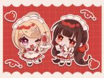  2girls :&lt; ;d akamatsu_kaede alternate_costume ameko53133 apron brown_hair chibi danganronpa_(series) danganronpa_v3:_killing_harmony dress enmaided hair_ornament hair_scrunchie harukawa_maki heart highres long_hair looking_at_viewer maid maid_headdress mole mole_under_eye multiple_girls musical_note musical_note_hair_ornament one_eye_closed open_mouth red_background red_dress red_eyes red_scrunchie scrunchie smile twintails waist_apron 