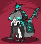 anthro areola batartcave big_breasts biped breasts canid canine duo female fish hair hi_res huge_breasts larger_female male male/female mammal marine nipple_piercing nipples nude piercing red_background shark simple_background size_difference smaller_male thick_thighs white_hair